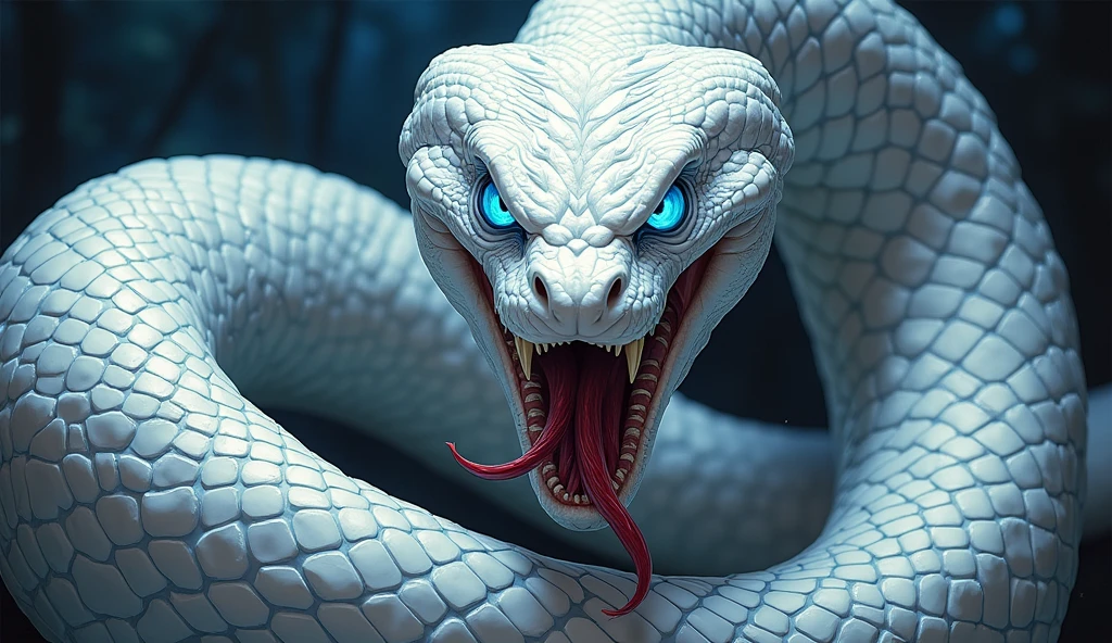 ((best quality)), ((masterpiece)), white snake, poisonous white snake, blue eyes, venomous, scary, fierce, dangerous, angry, mad, lethal, fangs, dark background, black background, anime, comic book, cartoon