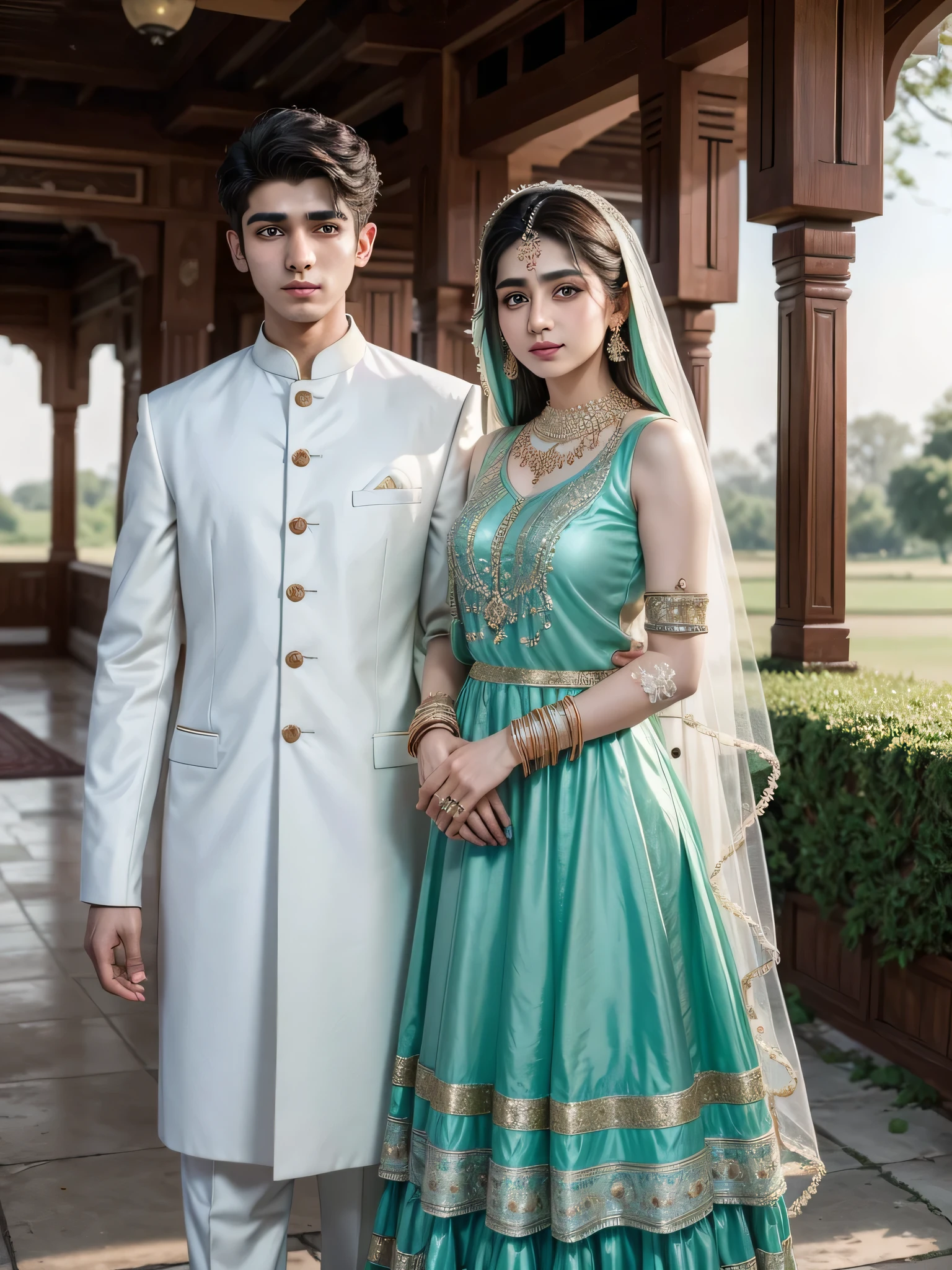 Beautiful handsome Pakistani boy and cute beautiful Indian girl stand together, both in traditional clothes, white skins, islamic background, at the wedding, both are 20 years old, wide photography, realistic and real, 4k