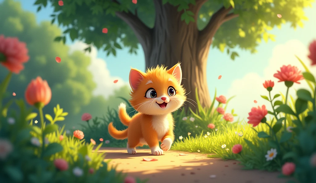 create a cartoon The curious little kitten Through the garden, up the tree