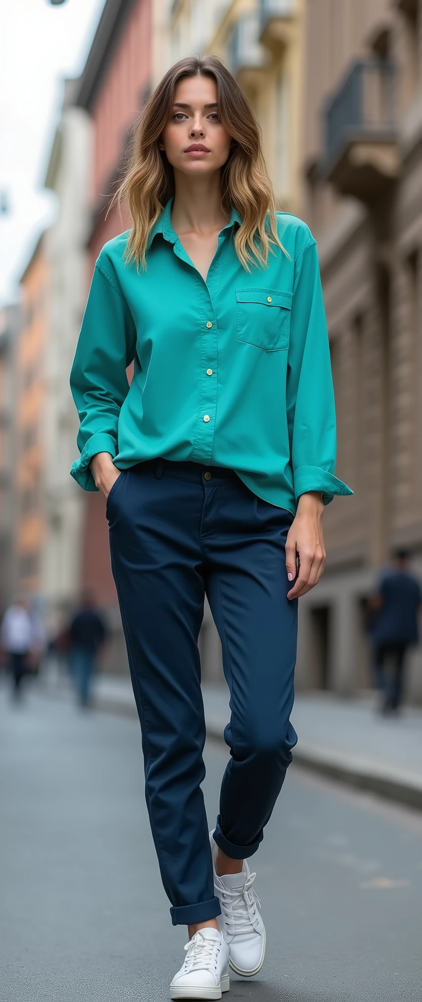 (masterpiece:1.2,Exceptional Quality,mirror-like,Cinematic Experience,Photorealistic,Photorealistic,RAW Photos),8k,wallpaper,(Turquoise shirt:2.0),(Navy blue chinos:2.0),(White sneakers:2.0),(The background is a street corner:2.0),(Cool woman:2.0),(Beautiful Face,Beautiful Hair,Beautiful female hands)