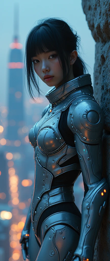 photo-realistic, ultra-realistic, very beautiful Japanese futuristic soldier, famous Japanese idol, dramatic scene, masterpiece, beautiful eyes, wearing a roller skate shoes, standing on the dangerous edge of the top of the tallest tower at night, (cyber punk glossy intricated mecha armor suits with brilliant LED markers), acrobatic pose, dynamic angle, (face focus),