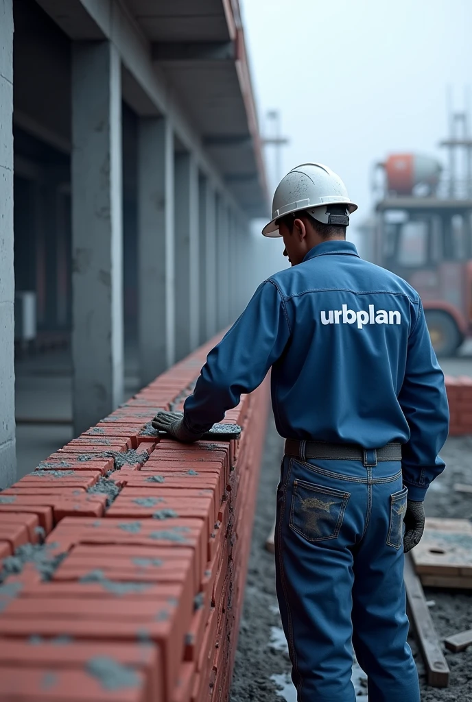Create a realistic image of a conventional masonry building, showing a red brick wall being built with concrete pillars and beams. A bricklayer, wearing a helmet and blue uniform with the name 'URBPLAN' in white, is applying the mortar with a trowel. Ao fundo, construction equipment such as concrete mixers and scaffolding. The image should have predominant shades of blue, with details that highlight the complexity of the work