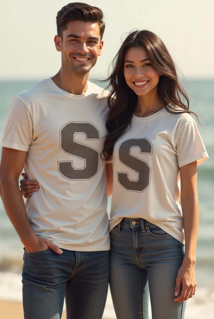 There is a couple standing beside each other and the S letter printed on boys t shirt