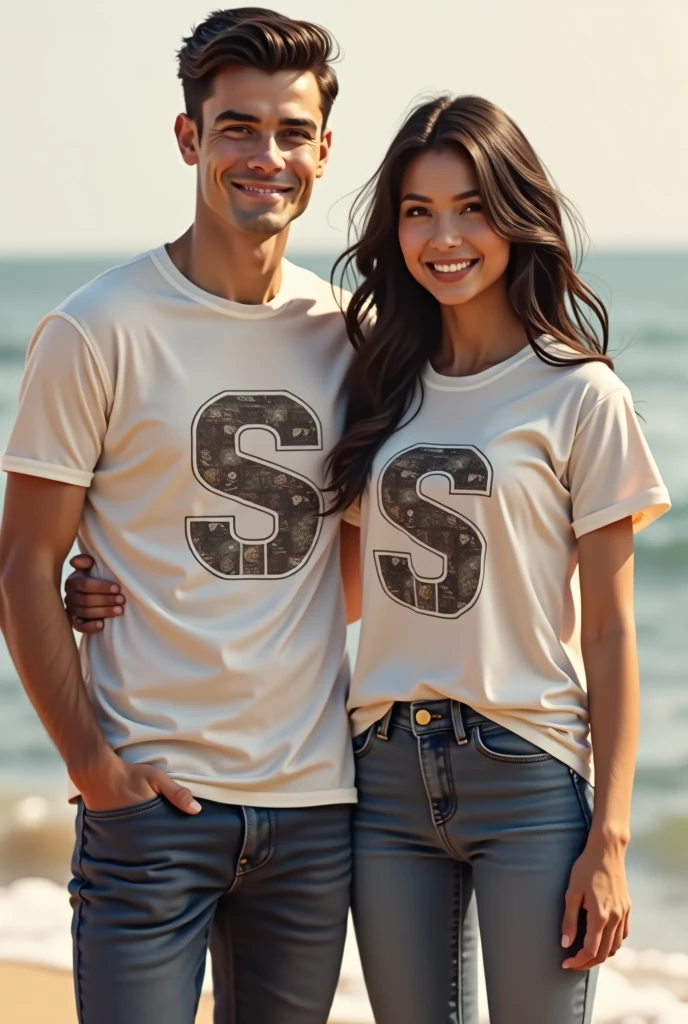 There is a couple standing beside each other and the S letter printed on boys t shirt 