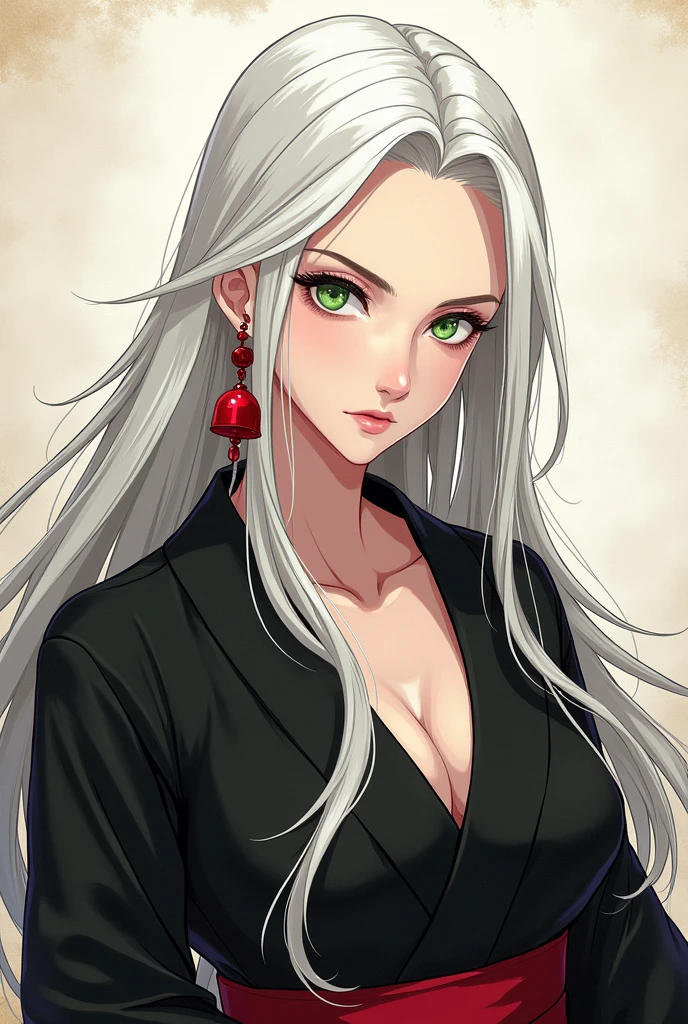 Adult manga woman long white hair with single long red bell earring Japanese e, green eyes dressed in black kimono badass. No hair on the forehead