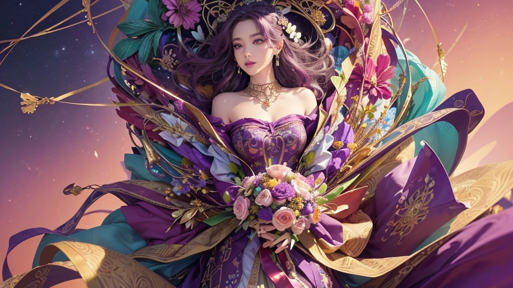 32K, 最高quality, 最高masterpiece, (ultra-Detailed Background, Detailed Background), High resolution, Super detailed, Very detailedな, 1 personの, (bouquet:1.3), (Tangled:1.2), (Geometric:1.2),(colorful),(masterpiece, quality, best quality, Official Art, Beautiful and beautiful:1.2), (1 person:1.3), Very detailed,(colorful:1.1)(Flowers:1.3),Most detailed,(Tangled:1.2), whole body, (Abstract background:1.3), (Skin glows), (Many colors:1.4), ,(Earrings Jewelry:1.5), Purple-red pale background, It's imaginative., Milk tea colored hair,