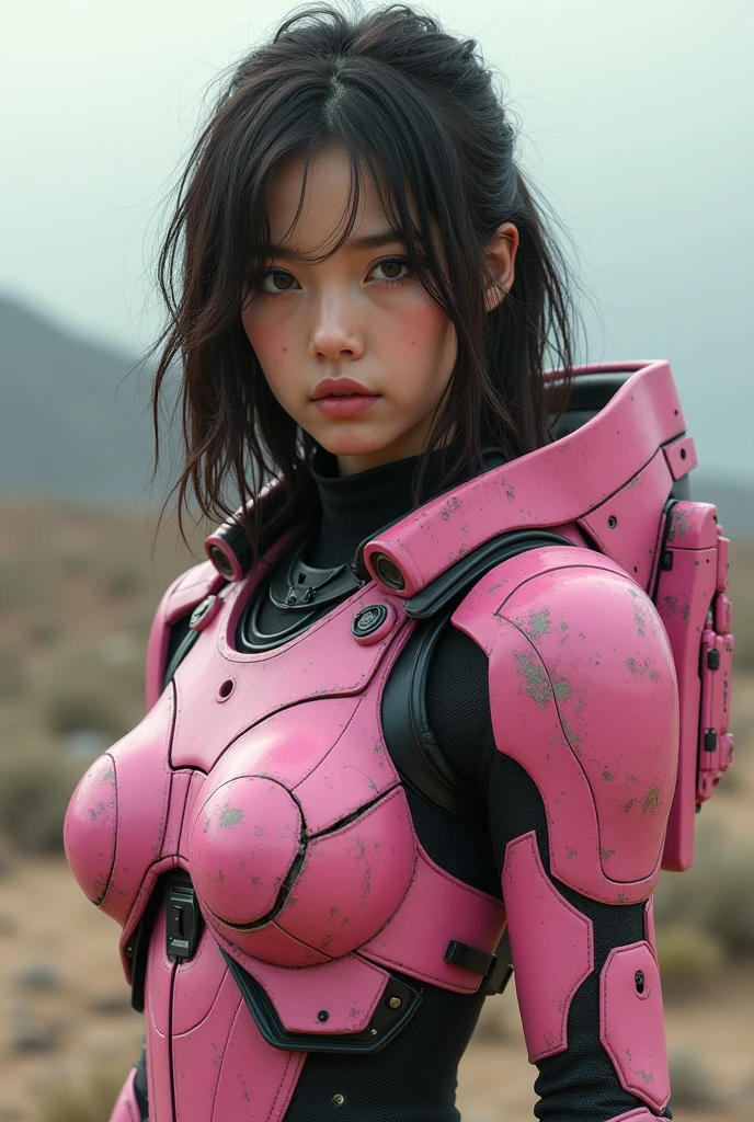 (best quality, masterpiece), 1girl, medium hair, looking at viewer, postapocalypse background, pink mechaarmor