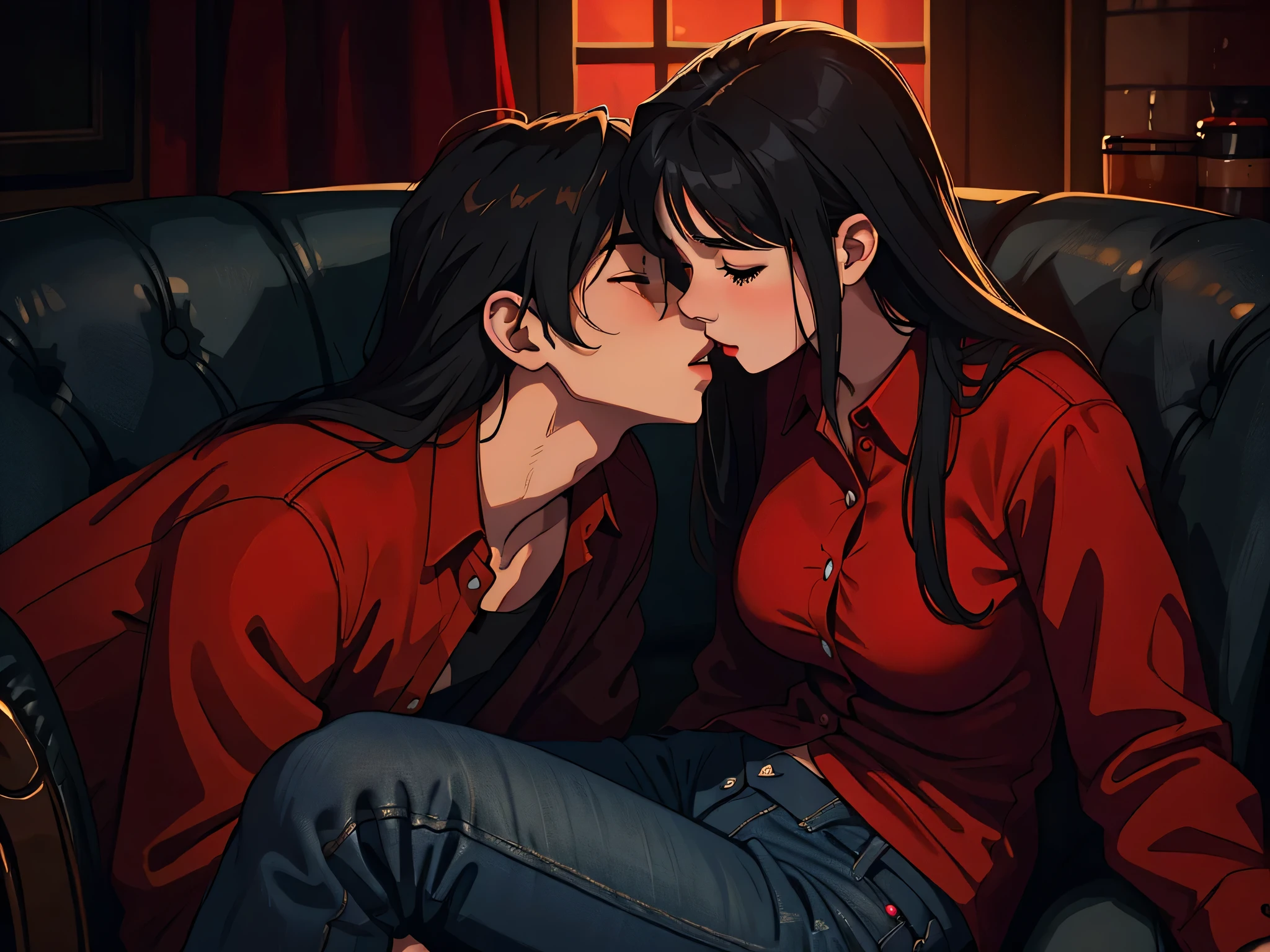 Young sexy girl wearing a red dress sitting on lap of young boy wearing a red and black flannel shirt and jeans who is sitting on a chair, kissing, making out, passionately, dim lighting, sexy, hot, lustful