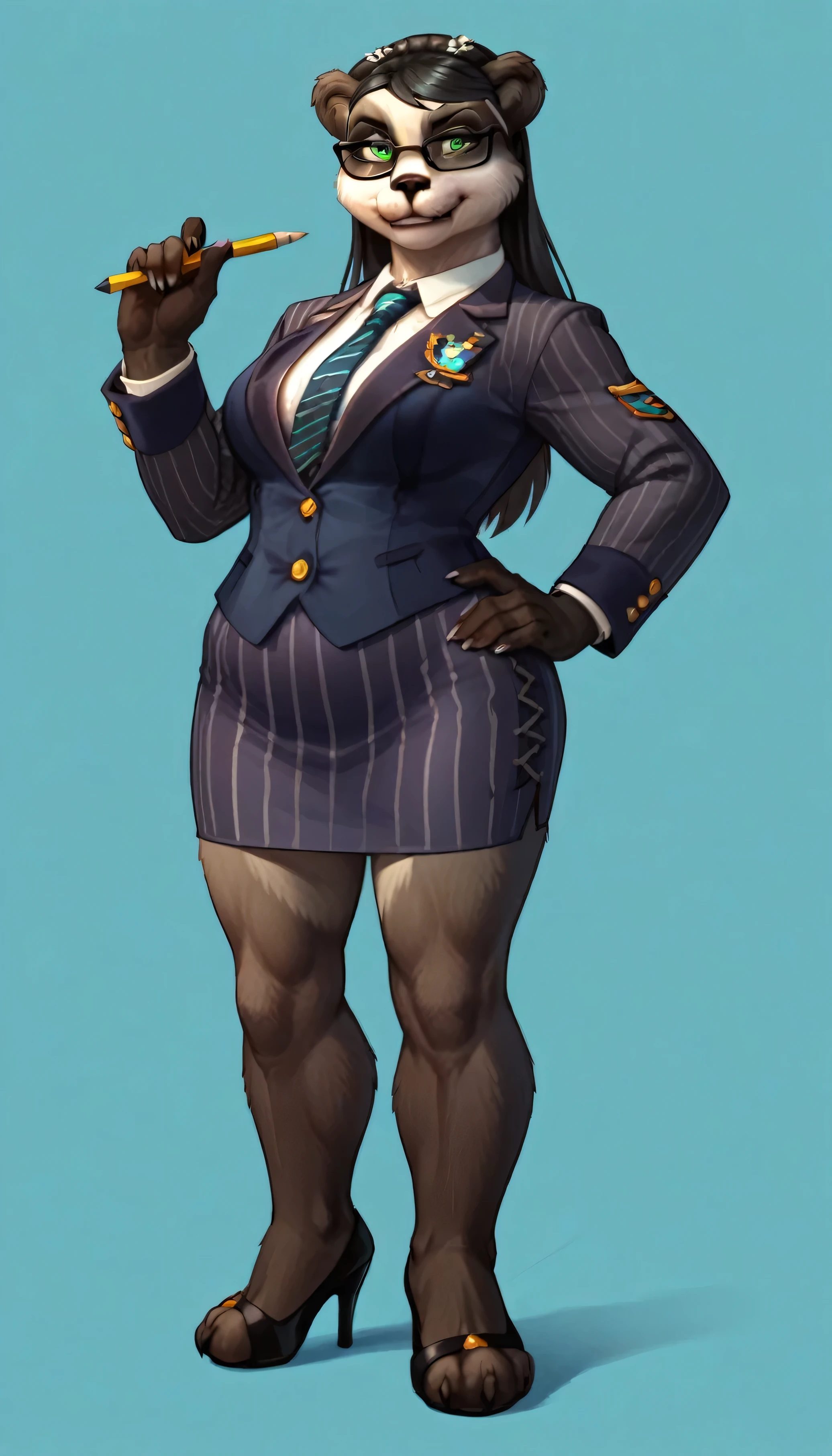 score_9, score_8_up, score_7_up, score_6_up, score_5_up, score_4_up, 1girl, solo, bear, green eyes, furry female, furry, animal ears, long hair, black hair, jewelry, (((navy pinstripe skirt suit))), three-piece suit, necktie, blazer, waistcoat, double-breasted waistcoat, (((bodycon pencil skirt))), bare legs, furry legs, black high heels, standing, upper body, full body, looking at viewer, silk clothing, formal clothing, high end fashion, glasses
light blue background, simple background, confident stance, wide stance, hand on hip
