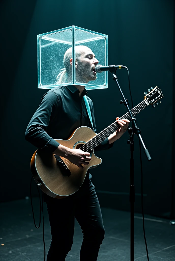 Man with headbox playing guitar and sing in stage