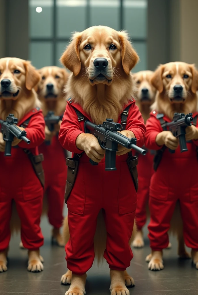 7 goldens retrievers, wearing red overalls, with weapons, in the series the house of paper