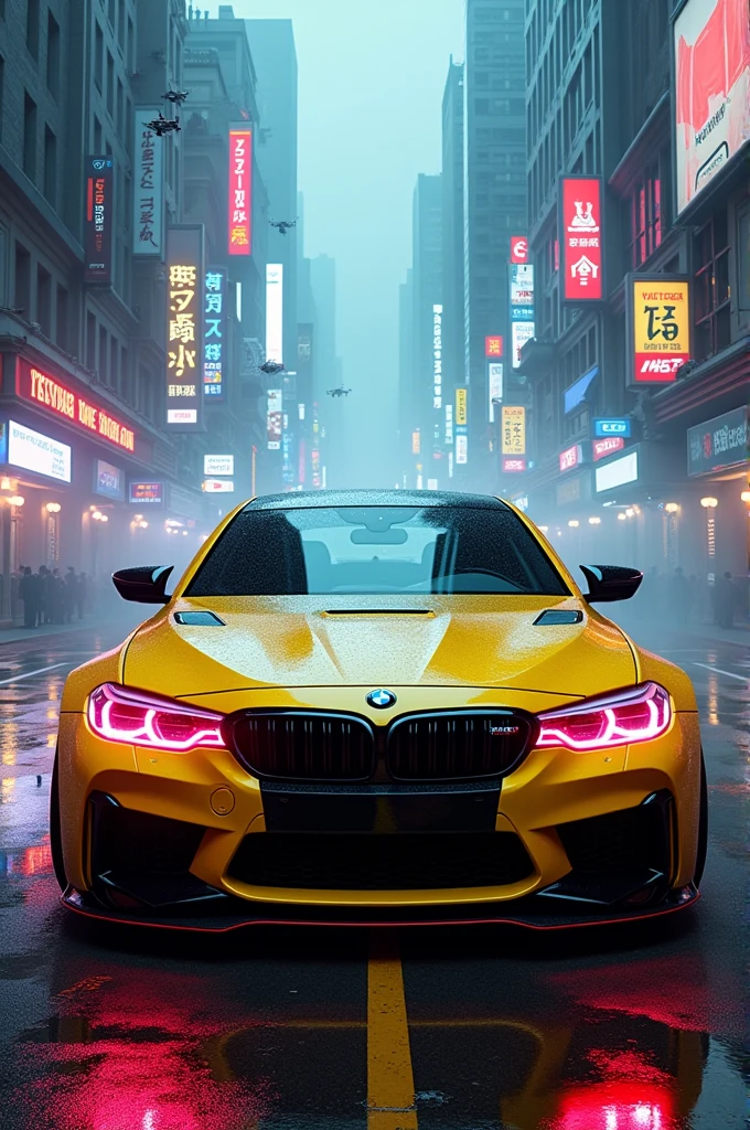 A yellow bmw m5 compitition in a cyberpunk 