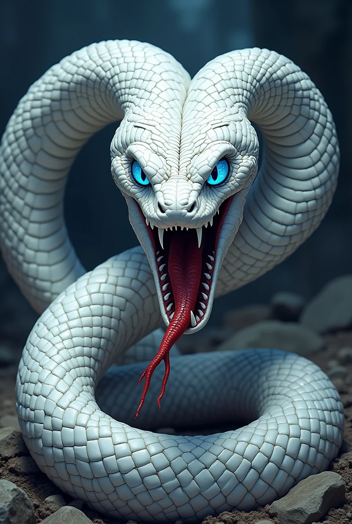 ((best quality)), ((masterpiece)), white snake, poisonous white snake, blue eyes,  venomous, scary, fierce, dangerous, angry, mad, lethal, fangs, dark background, black background, anime, comic book, cartoon
