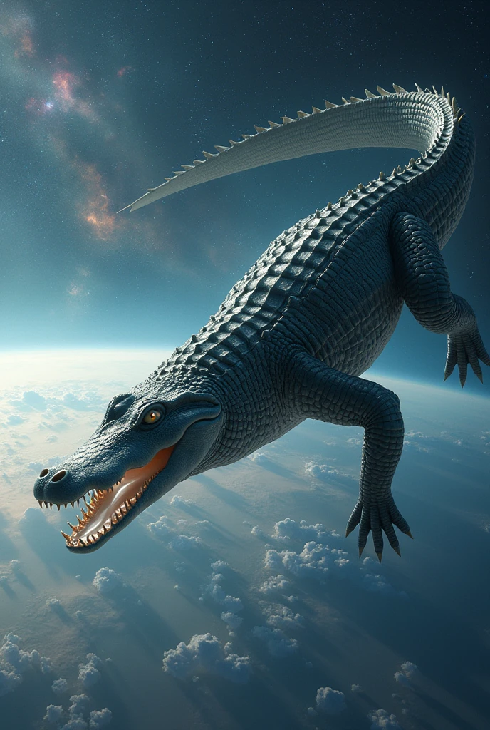 Universal alligator almost destroying the earth and flying into space . But well done .But well done.But well done