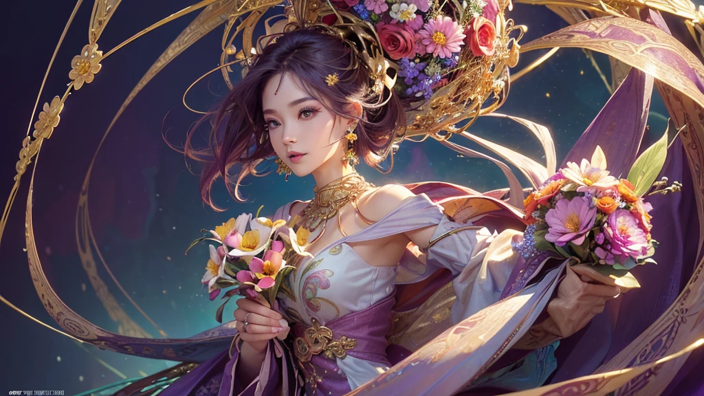 32K, 最高quality, 最高masterpiece, (ultra-Detailed Background, Detailed Background), High resolution, Super detailed, Very detailedな, 1 personの, (bouquet:1.3), (Tangled:1.2), (Geometric:1.2),(colorful),(masterpiece, quality, best quality, Official Art, Beautiful and beautiful:1.2), (1 person:1.3), Very detailed,(colorful:1.1)(Flowers:1.3),Most detailed,(Tangled:1.2), whole body, (Abstract background:1.3), (Skin glows), (Many colors:1.4), ,(Earrings Jewelry:1.5), Purple-red pale background, It's imaginative., Milk tea colored hair,