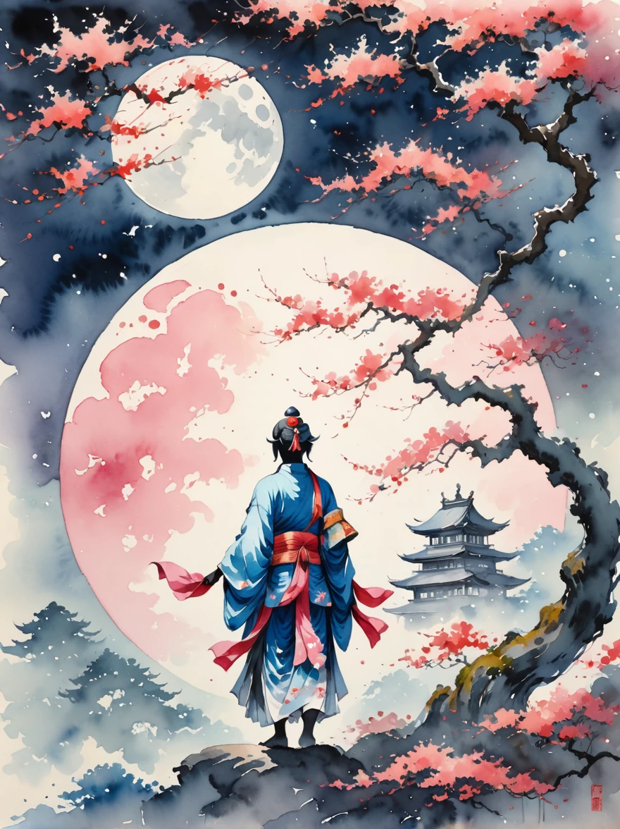 Watercolor painting of the silhouette of Ganesha dressed in traditional Japanese clothing, standing gracefully behind a large full moon, with a large, twisted and beautiful tree at the side, with pink leaves swaying around it.
