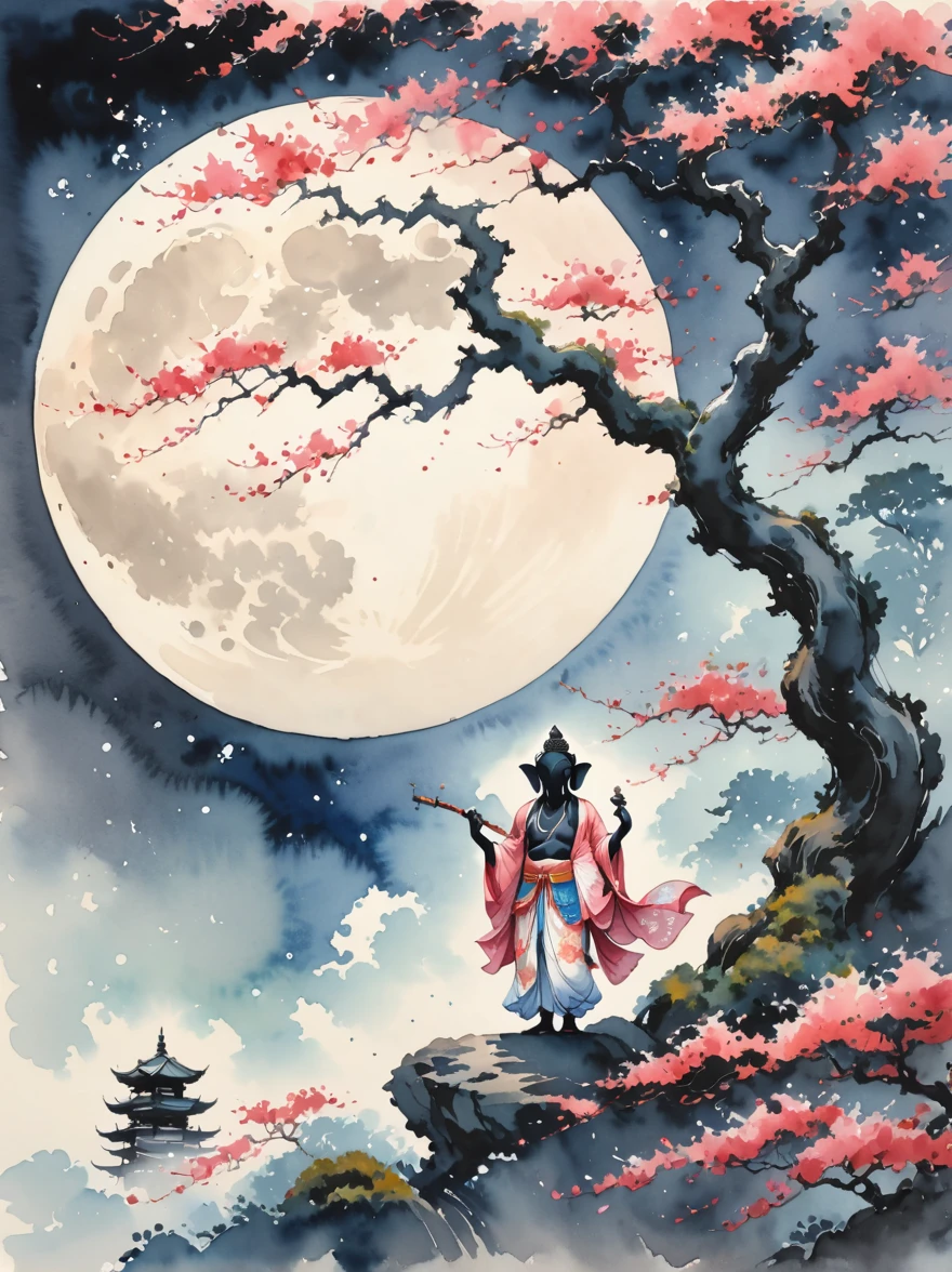 Watercolor painting of the silhouette of Ganesha dressed in traditional Japanese clothing, standing gracefully behind a large full moon, with a large, twisted and beautiful tree at the side, with pink leaves swaying around it.