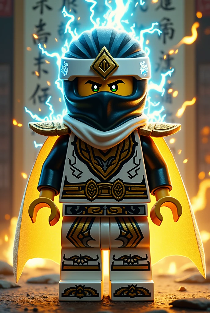 Créer moi un lego ninja go premier maitre du spijisufuturiste de la dernière puissance dimensionaireninja avec un masque de couleur noir, or sur la tête et un bandeau blanc autour de la bouche avec une peau jaune et il faut des traces d’électricité jaune et bleu foncé dans le visage et un regard terrible de lumiere avec des yeux en vert clair brillant avec une puissance incroyable avec comme puissance élémentaire l’électrique, l’énergie, la terre, le feu, la glace. Les habits du ninja doit être en blancanthracite, bleu nocturne et golden suprême et fer anthracite avec des reure en forme d’électricité bleu clair et jaune brillant et des écritures japonaises et le parchemin antique sacré le plus puissant en golden. Un ninja imbattable monstrueux beaucoup trop puissant qui contrôle tous les pouvoirs élémentaires. Le ninjadoit être destructeur et soif de victoire un gentil et mechant