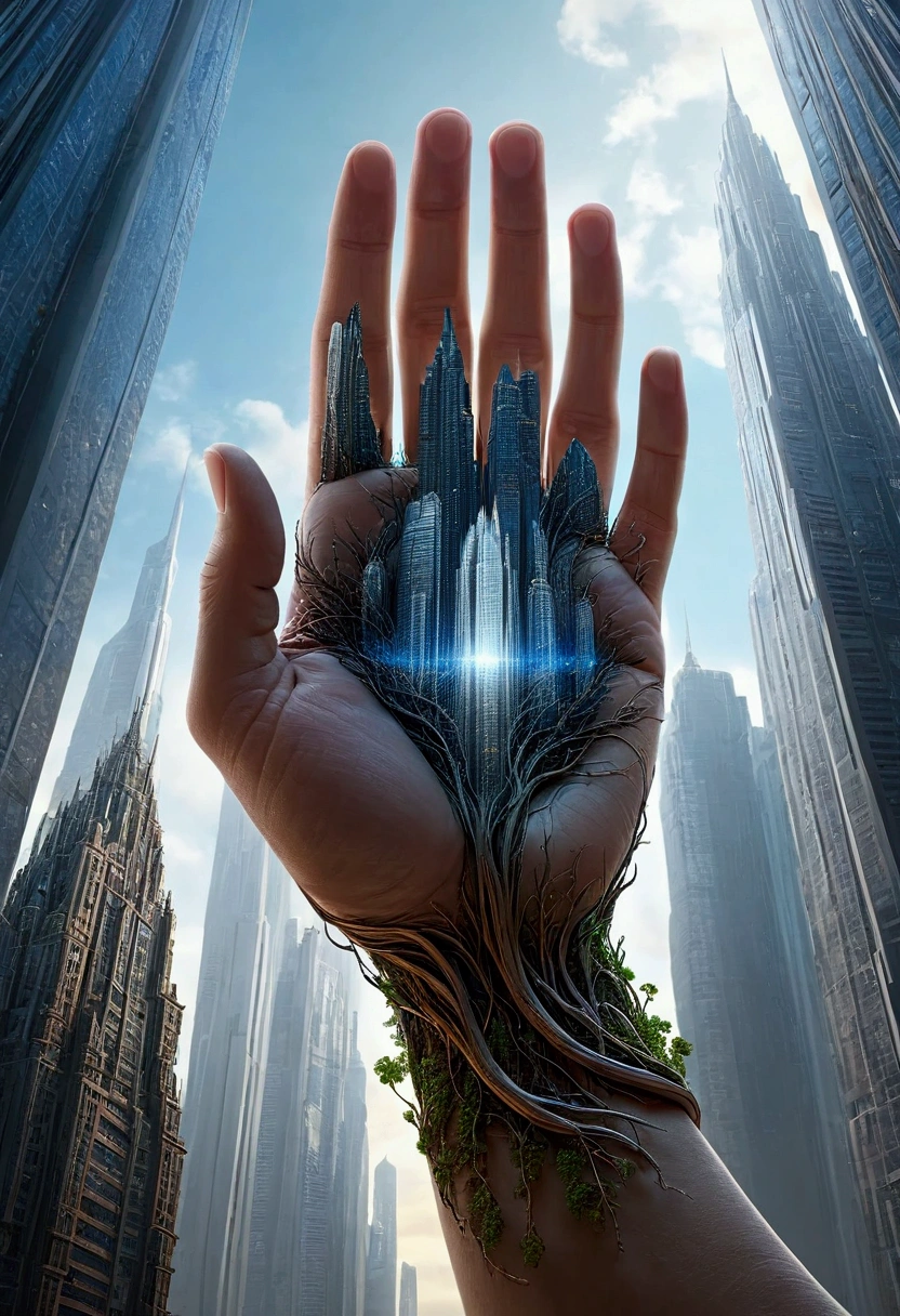 A skyscraper growing out of a human hand. 4k highly detailed digital art, digital art fantasy, digital art fantasy art, gorgeous digital art,  beautiful sci fi art