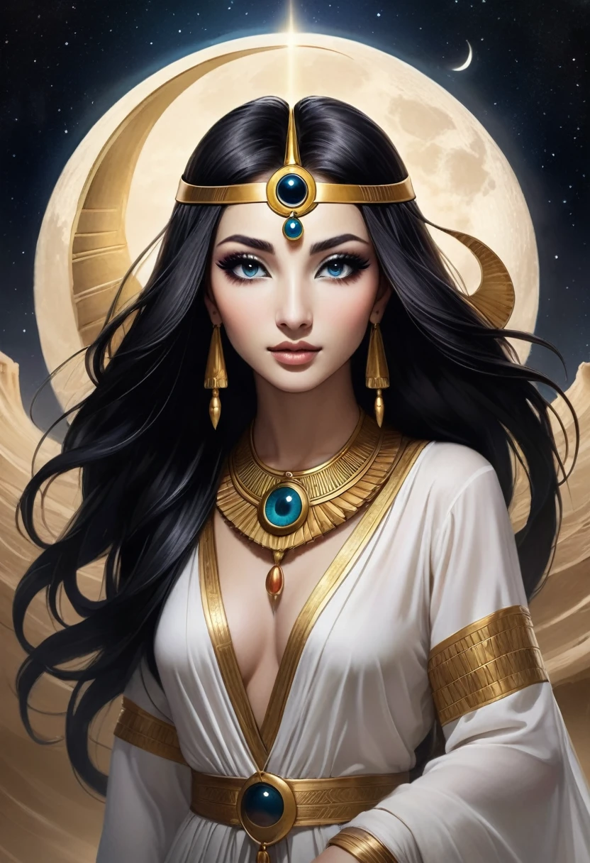 Create an image featuring the Eye of Ra at the center, inspired by ancient Egyptian symbolism. Enhance the design with feminine touches, such as softer, more elegant lines. Transform the pupil into a vertical cat’s eye slit, adding a mysterious and sharp element. Extend the black tear under the eye, making it longer and more fluid, like a flowing stream of ink. In the background, place a softly glowing crescent moon, creating a mystical and serene atmosphere