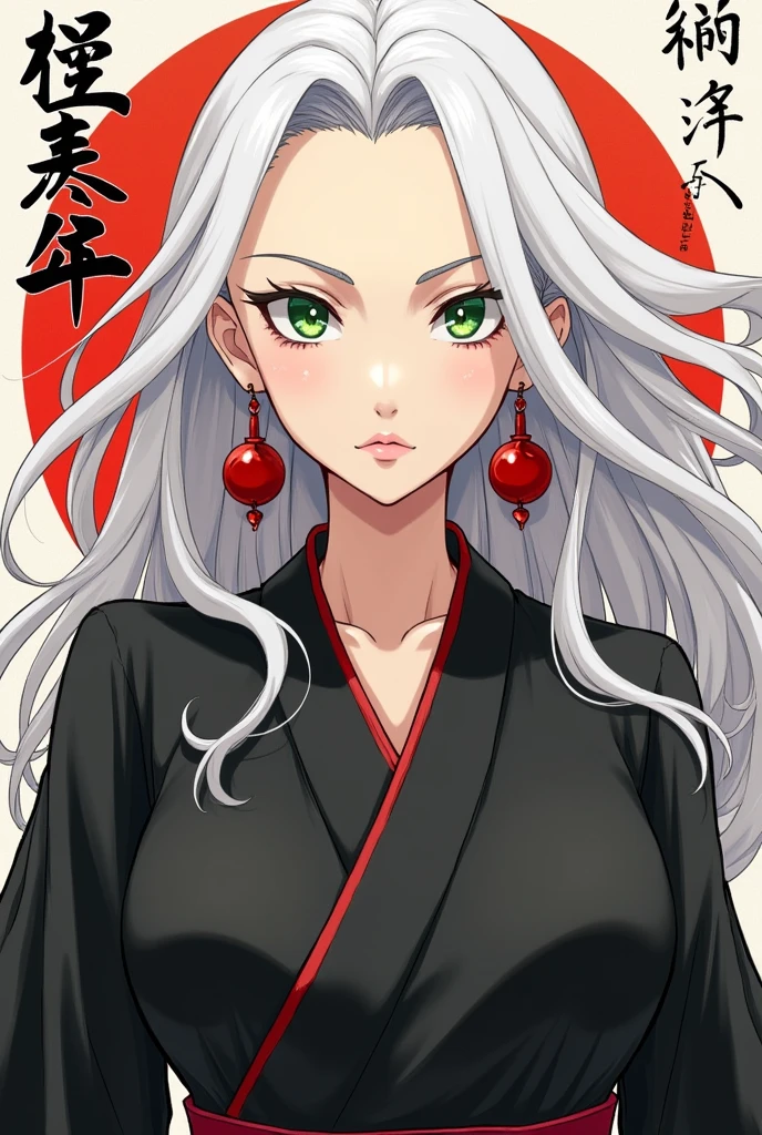 Adult manga woman long white hair with single long red bell earring Japanese e, green eyes dressed in black kimono badass. No hair on the forehead
