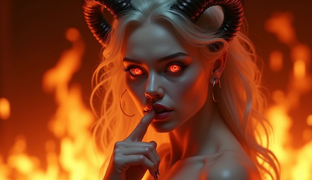 A stunningly beautiful and seductive demon woman with pale, white skin, captured from the shoulders up in a fiery, hellish environment. Her elegant horns curve gracefully from her head, and her glowing red eyes are filled with an intense allure. She sensually sucks on her finger, her lips full and inviting, while her mouth is slightly open in a provocative manner. The surrounding flames cast a warm glow on her, highlighting her otherworldly beauty and adding to the seductive atmosphere.