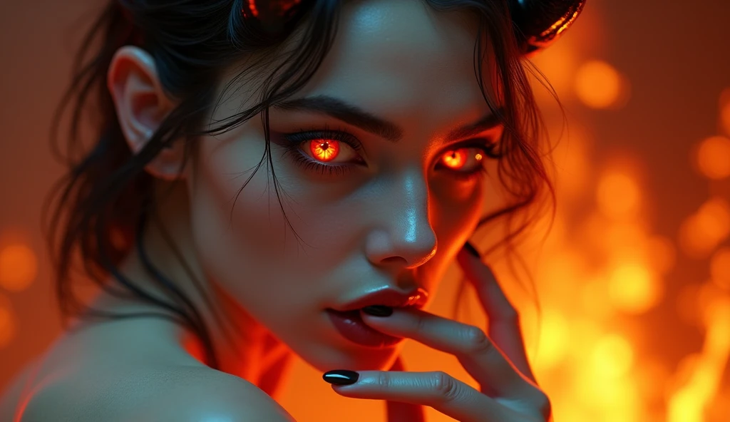 A stunningly beautiful and seductive demon woman with pale, white skin, captured from the shoulders up in a fiery, hellish environment. Her elegant horns curve gracefully from her head, and her glowing red eyes are filled with an intense allure. She sensually sucks on her finger, her lips full and inviting, while her mouth is slightly open in a provocative manner. The surrounding flames cast a warm glow on her, highlighting her otherworldly beauty and adding to the seductive atmosphere.