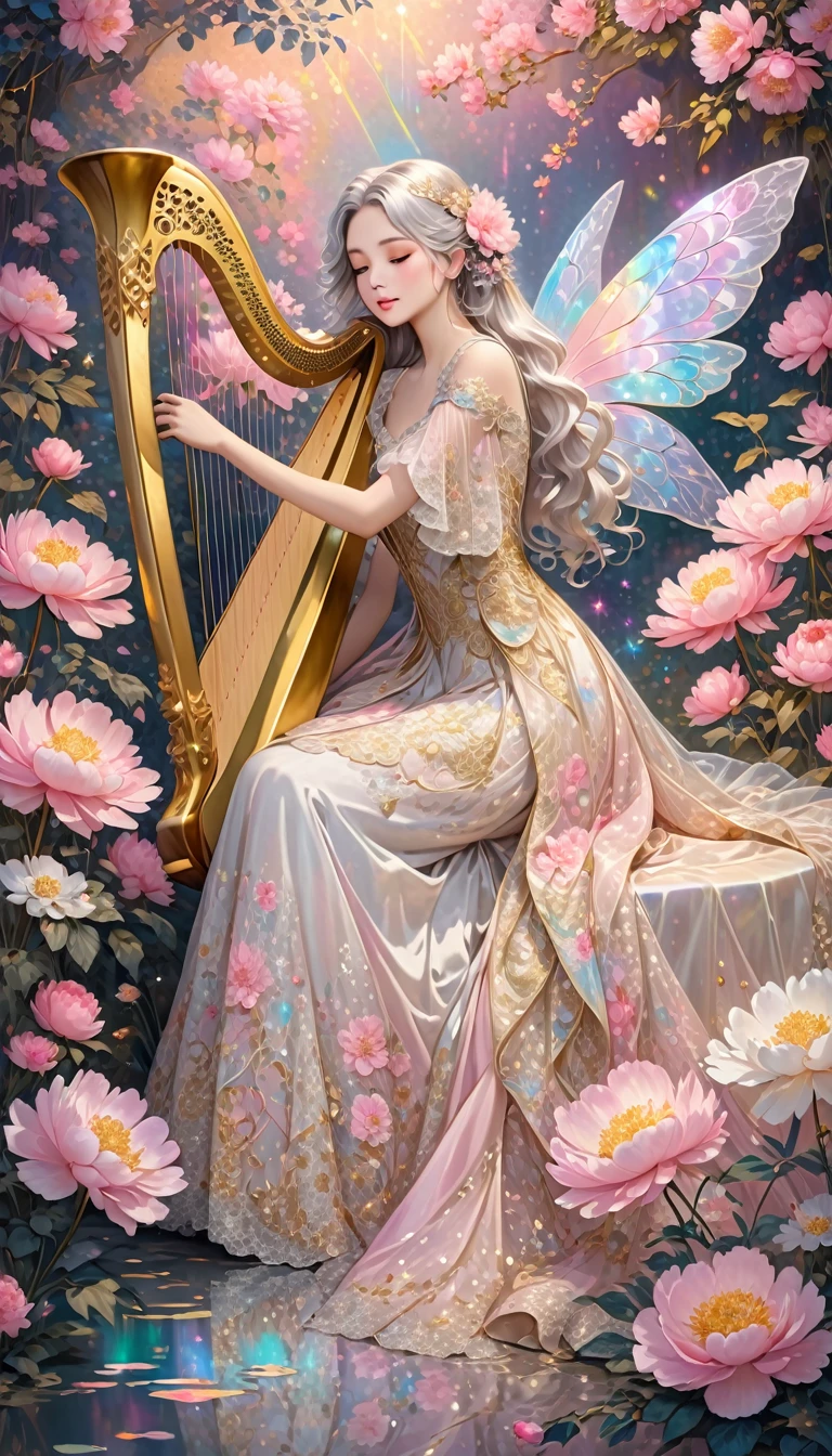 A stunning girl with long, wavy light silver hair sitting in a dress is detailed with intricate patterns in white, pink, and gold, she wearing a flowing lace WHITE and gold gown adorned with intricate embroidery appearance, holding a harp like an angle. Surround the figure with glittery pink and gold peonies, against a contrasting background that includes musical notes and a subtle gothic touch. Also, create a fantasy scene featuring a fairy with iridescent wings, resting on a large mushroom. The fairy should have delicate features, with flowers adorning her hair and a dress that blends into the pastel colors. Add multicolored sparkles in the background.