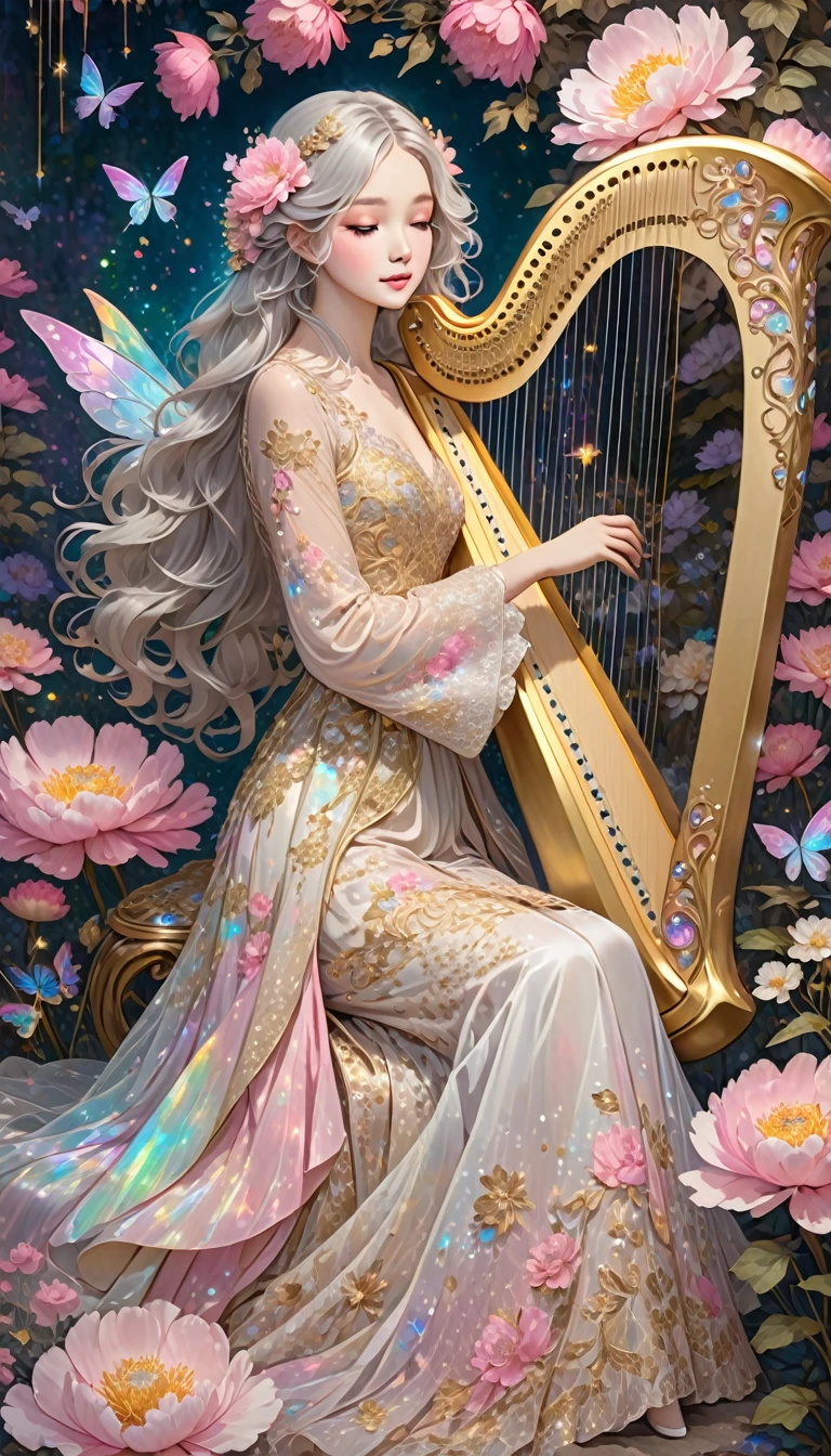 A stunning girl with long, wavy light silver hair sitting in a dress is detailed with intricate patterns in white, pink, and gold, she wearing a flowing lace WHITE and gold gown adorned with intricate embroidery appearance, holding a harp like an angle. Surround the figure with glittery pink and gold peonies, against a contrasting background that includes musical notes and a subtle gothic touch. Also, create a fantasy scene featuring a fairy with iridescent wings, resting on a large mushroom. The fairy should have delicate features, with flowers adorning her hair and a dress that blends into the pastel colors. Add multicolored sparkles in the background.
