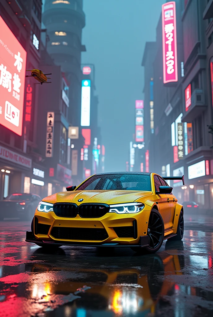 A yellow bmw m5 compitition in a cyberpunk 