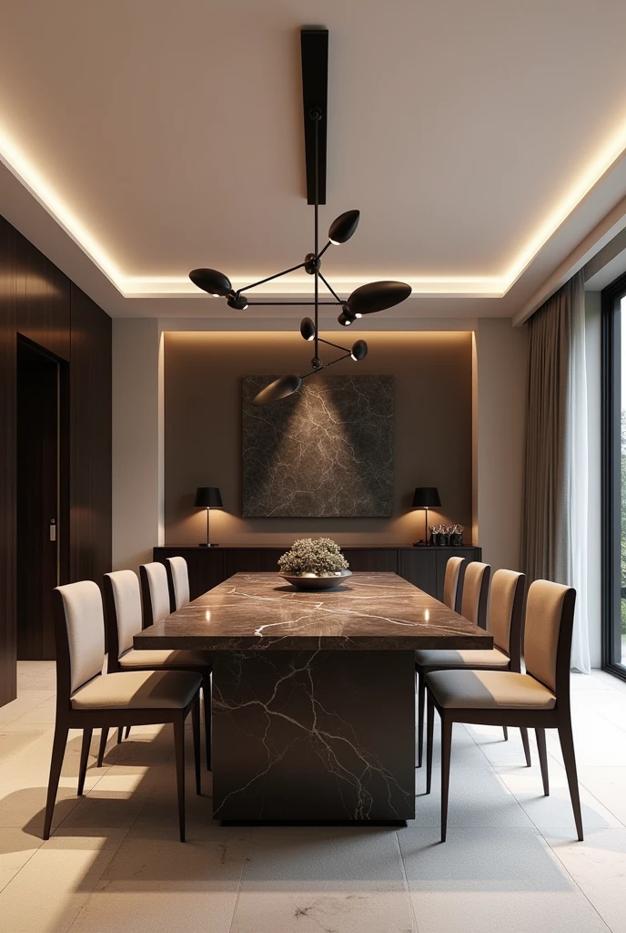 Professional 3d architecture rendering design of modern and minimal  dining room with so dark brown  8 chairs and black slab stone marble table  modern  and modern ceiling lighting and elegant ceiling lighting and dark wooden consulate and elegant ceiling lighting 