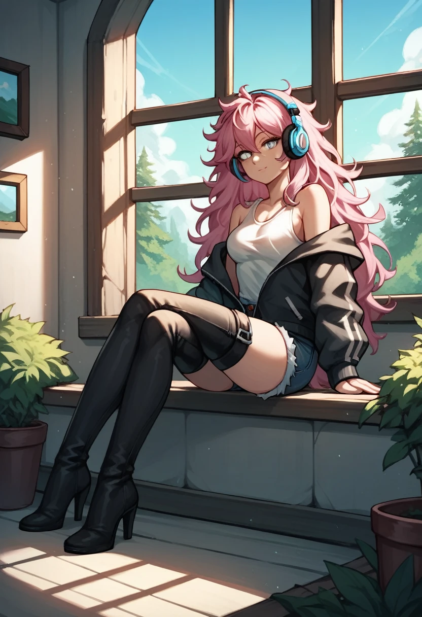 score_9, score_8_up, score_7_up, score_6_up, score_5_up, score_4_up, source_anime, 1woman, sexy face, sit, pink hair, long hair, white eyes, croosed legs, messy hair, white shirt, jacket, jeans shorts, black thigh high boots, heels, day, windows, beautiful view from the window, There are forests and fields outside the window, headphones, dungeon, best quality, best res, 4K UHD,
 