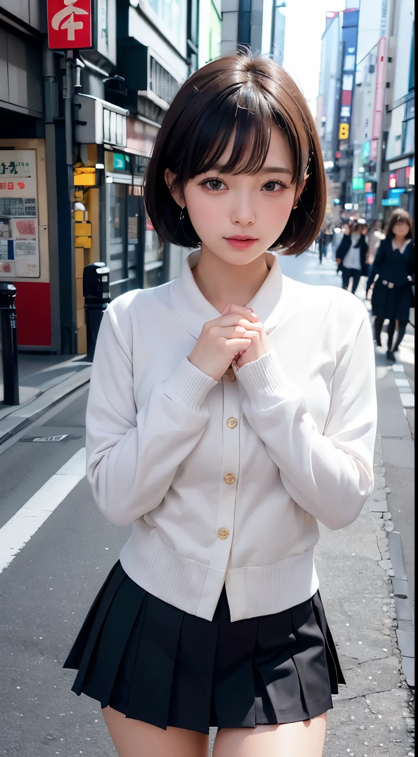 Highly detailed CG Unity 8k wallpaper、Highest quality、Ultra-detailed、masterpiece、Realistic、Photo realistic、Highly detailed cute girl、((Roll up the skirt yourself)))、(Lift it yourself)、Wearing panties、Panty Focus、blush、Lips parted、Looking at the audience、Semi Body Shot、(crowd)、(On the streets of Tokyo)、Short Bob Cut