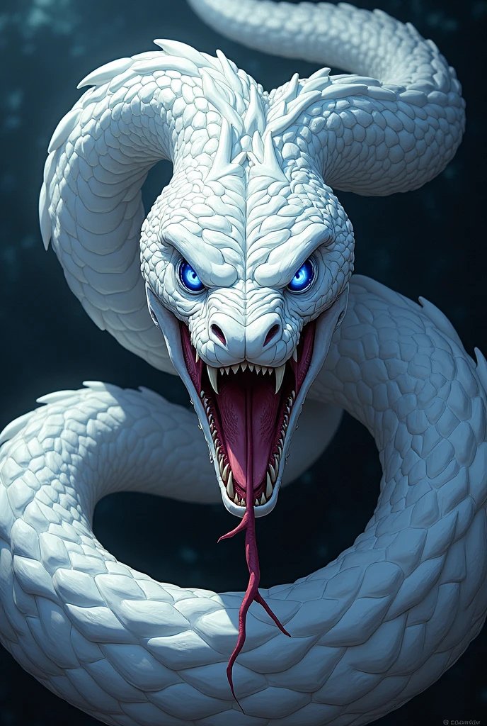 ((best quality)), ((masterpiece)), white snake, poisonous white snake, blue eyes,  venomous, scary, fierce, dangerous, angry, mad, lethal, fangs, dark background, black background, anime, comic book, cartoon