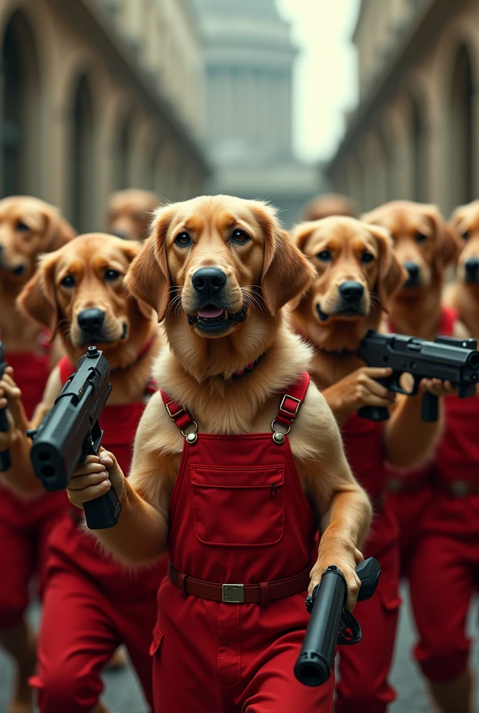 7 goldens retrievers, wearing red overalls, with weapons, in the series the house of paper