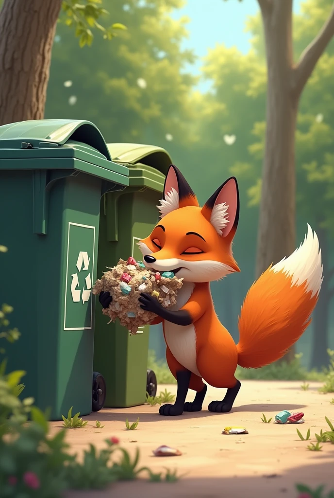 The fox goes to throw away the trash, there are 3 trash sorting bins