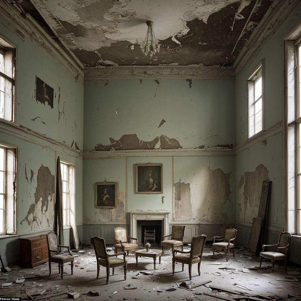 a large living room in a house in a state of abandonment, paintings with classical mythological themes on its peeling walls and an old, broken chair