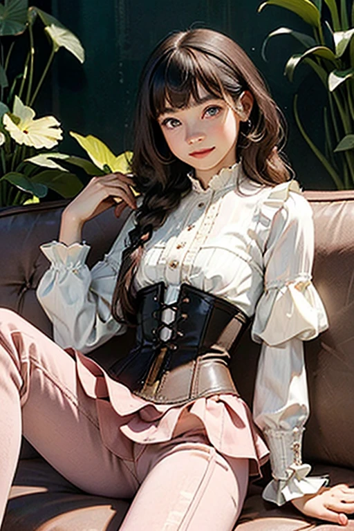 (masterpiece:1.3), (a high resolution), (8 K), (extremely detailed), (4K), (pixiv), perfect face, Beautiful eyes and face, (Best quality), (super detailed), detailed face and eyes, loose straw colored hair, textured leather, ((1 young girl :1,6)), ((in an unbuttoned corset of pale pink color and pantaloons with frills and lace of the century before last,1850s:1,8)), depraved and lustful, smiles seductively, mouth slightly open, posing with legs spread while sitting on the couch, boudoir brothel