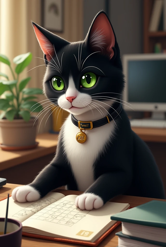 Un chat tuxedo aux yeux verts dans un bureau qui fait des calculs. Il a un collier avec écrit Tybalt.