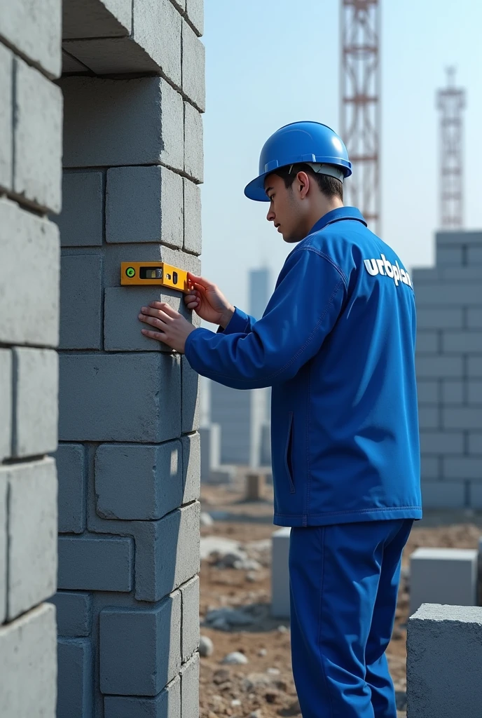 Create a realistic image of a structural masonry building, where concrete block walls are being erected without the presence of pillars and beams. Show a worker wearing a blue uniform and helmet with the name &#39;URBPLAN&#39; in white, checking the alignment of the blocks with a spirit level. The scene should convey the efficiency and simplicity of construction, with predominant shades of blue in the environment and in the details of the work