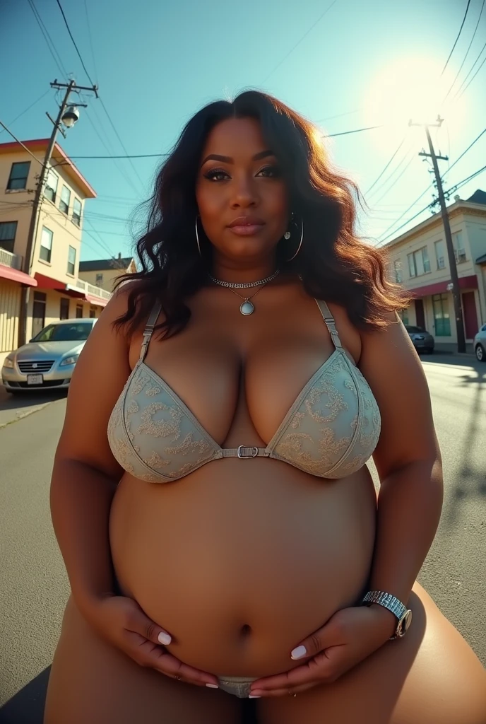 Pov when you accidentally meet Cardi B who has a curvy plus size body that looks full and is pregnant and wearing a jumbo sized bra and is sagging on the side of the road. fisheye camera view, iphone camera style. 8k hd, realface, cinematic,  highly detailed