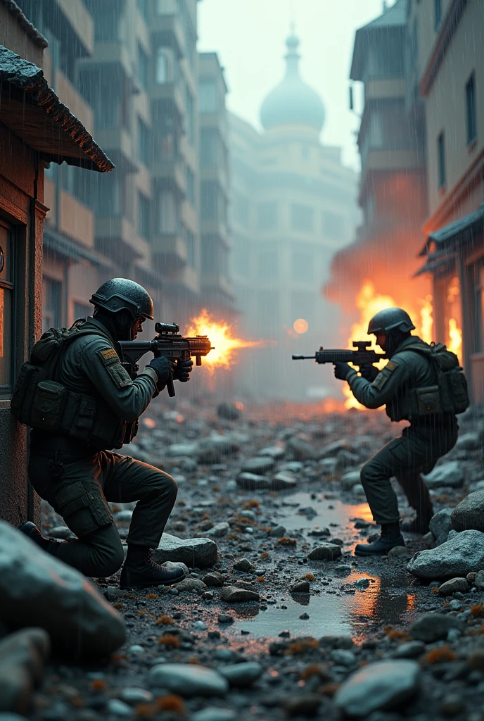 A highly detailed 3D render of a war-torn urban environment in Unreal Engine 5 style, featuring realistic characters with advanced military gear, taking cover behind debris and engaging in a firefight. The scene is set during a heavy rainstorm, with dynamic lighting and shadow effects. Buildings in the background are partially destroyed, with smoke and fire adding to the atmosphere. High-resolution textures and interactive environment elements such as broken glass and scattered debris are visible. Ukranian vs Russian