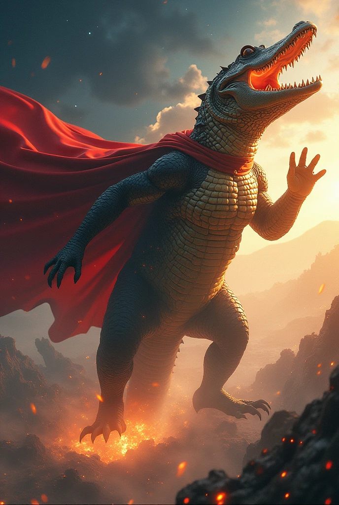 Universal alligator almost destroying the earth and flying into space . But well done .But well done.But well done.with a red cape and shooting fire from his mouth