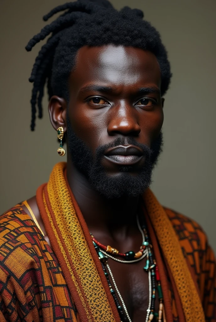 one men ,with African clothes, fully dressed, very dark skin, rey