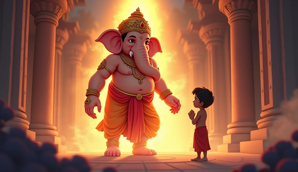 in cinemtice 2d cartoon style indian boy Lord Ganesh Appears Before Moha*
- Lord Ganesh manifests from the glowing idol, smiling warmly at Moha. The scene should radiate warmth and compassion, with Ganesh shown as a majestic yet kind figure. Moha stands with folded hands, his face filled with awe and reverence.