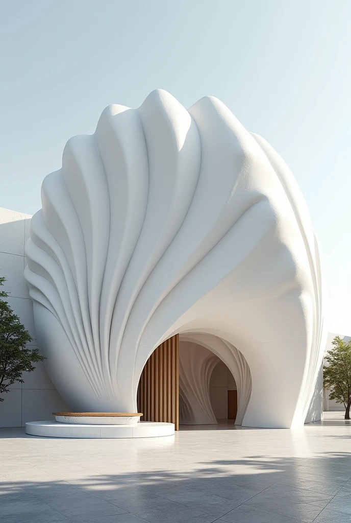 Postmodern facade architecture of resturant in iran , shell of paper design white concrete , high quality rendering architecture, cinematic ,