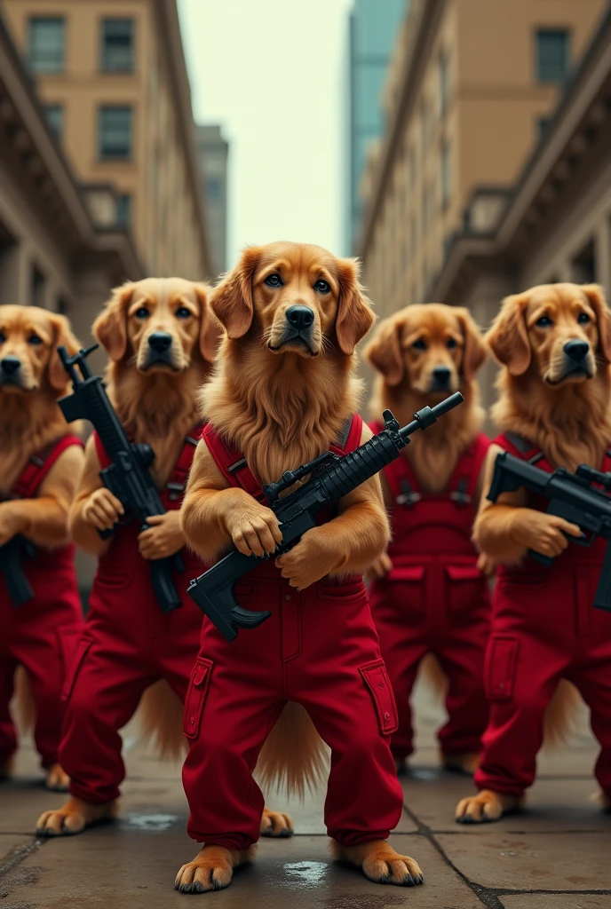 7 goldens retrievers, wearing red overalls, with weapons, in the series the house of paper