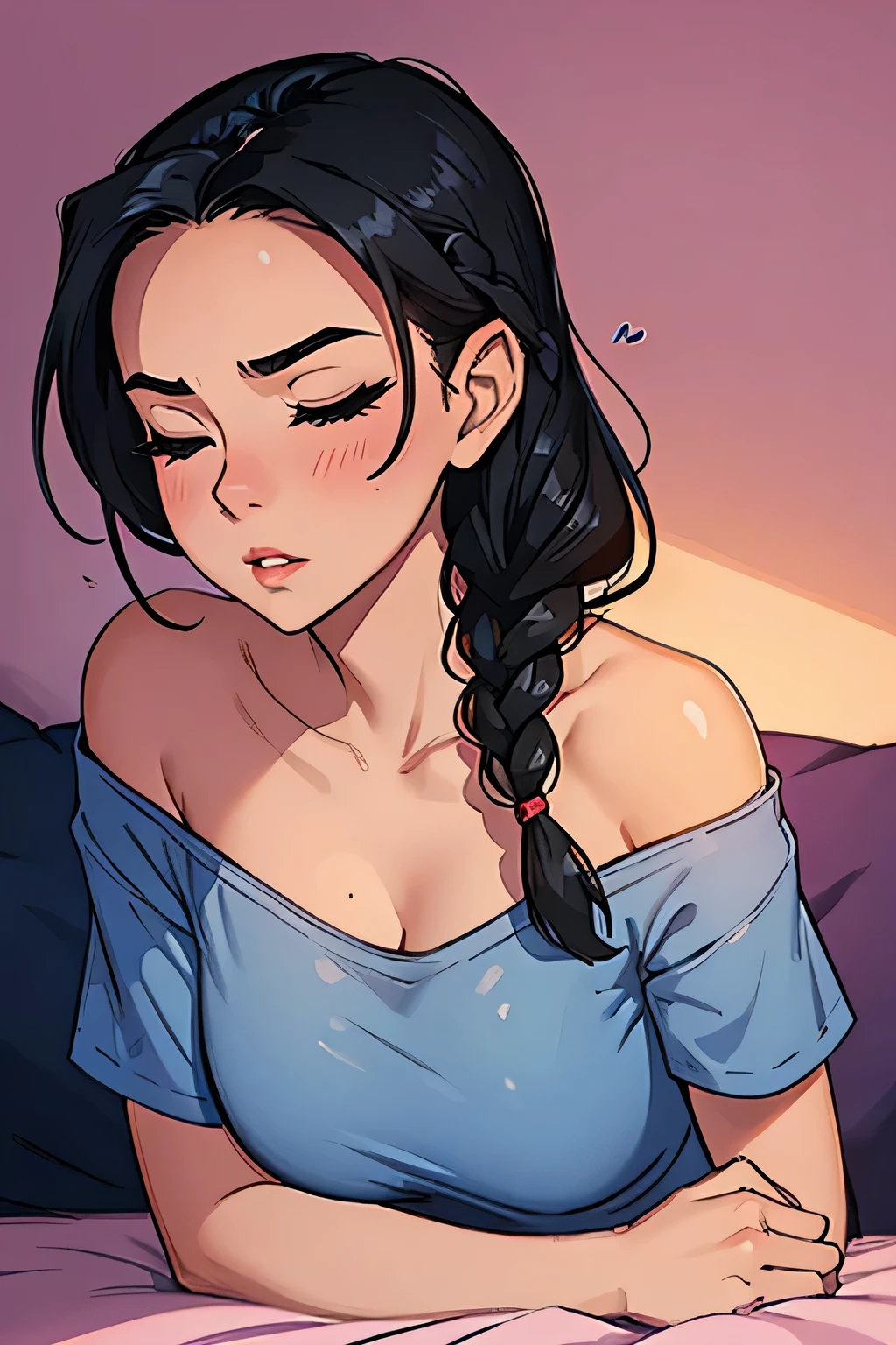 Sexy woman, black hair, single braid, long forehead, eyes closed, lips parted, deepest blush, flustered, lustful, off shoulder t shirt and blue short shorts, lying on bed, very seductive, aroused, head on pillow, facing up