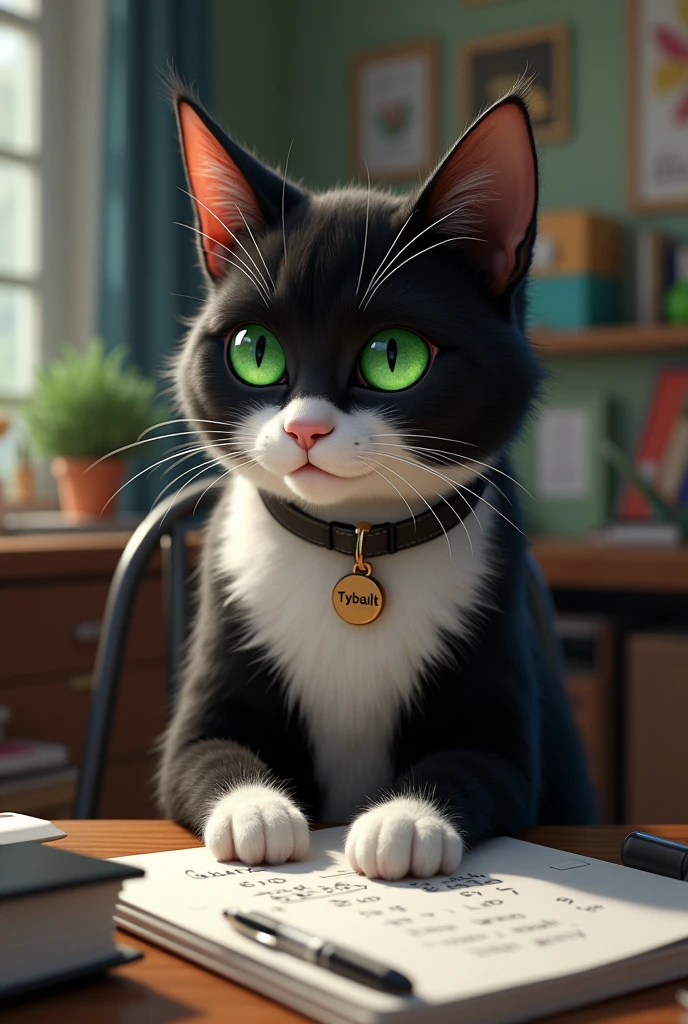 Un chat tuxedo aux yeux verts dans un bureau qui fait des calculs. Il a un collier avec écrit Tybalt.