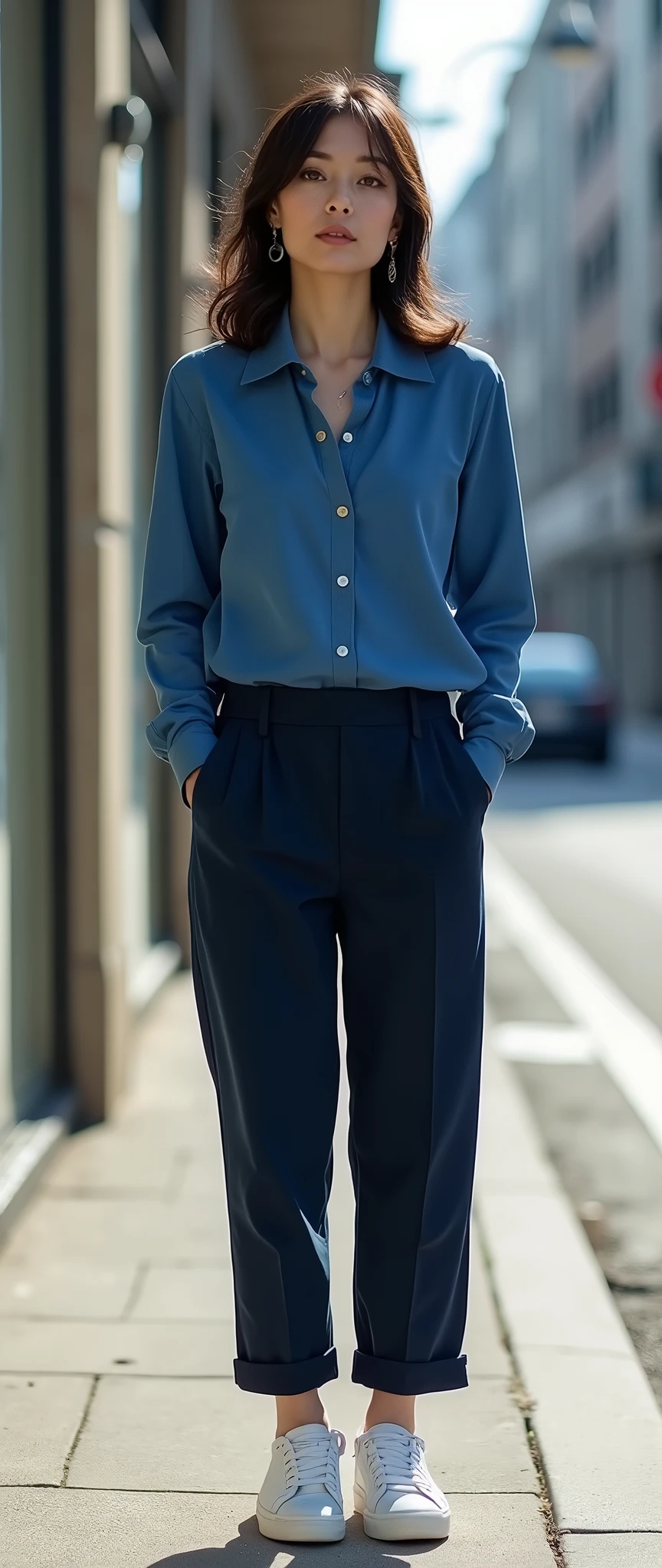 (masterpiece:1.2,Exceptional Quality,mirror-like,Cinematic Experience,Photorealistic,Photorealistic,RAW Photos),8k,wallpaper,(Indigo blue shirt:2.0),(Navy blue chinos:2.0),(White sneakers:2.0),(The background is a street corner:2.0),(Cool woman:2.0),(Beautiful Face,Beautiful Hair,Beautiful female hands)